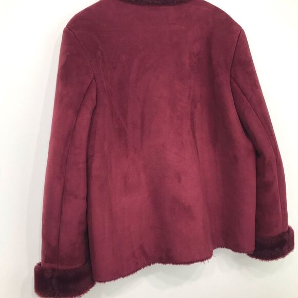 Maroon Faux Suede Burgundy Faux Fur Lined Button Up Holiday Jacket - Picture 9 of 16